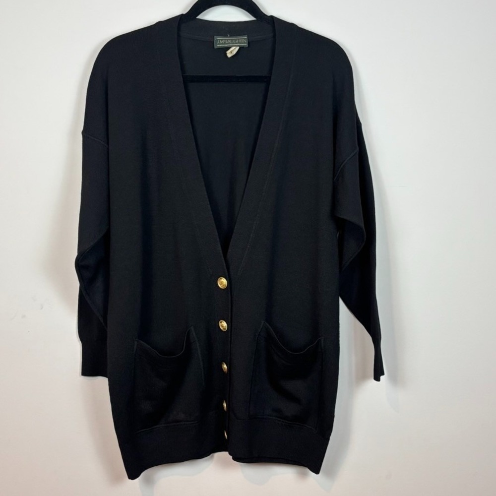 J.McLaughlin Vintage Pure Wool Black Womens Cardigan SZ LG 90's Oversized‎ *Flaw